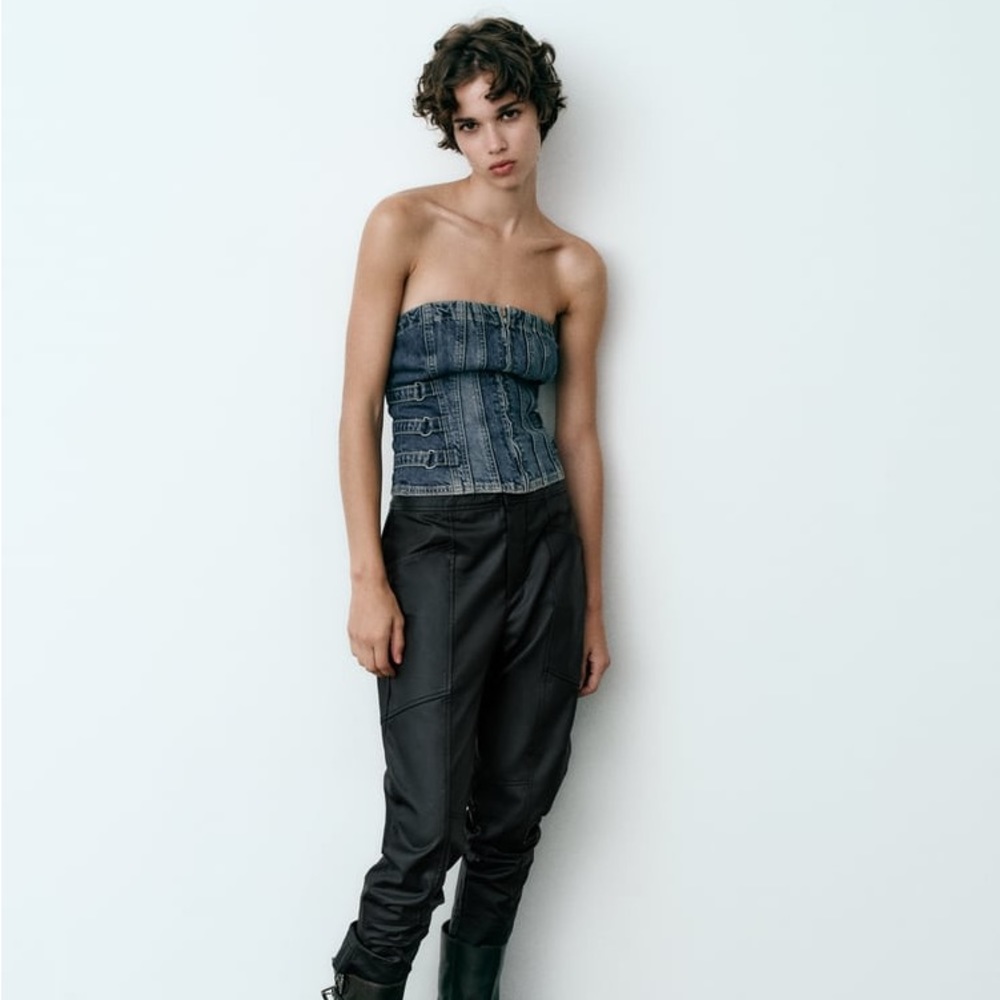 Zara Dark Blue Strapless Denim Top - Picture 2 of 8